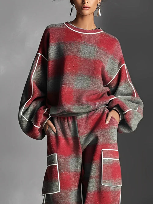 Cathy | Plaid Color-Blocked Sweatshirt and Casual Pants Two-Piece Set
