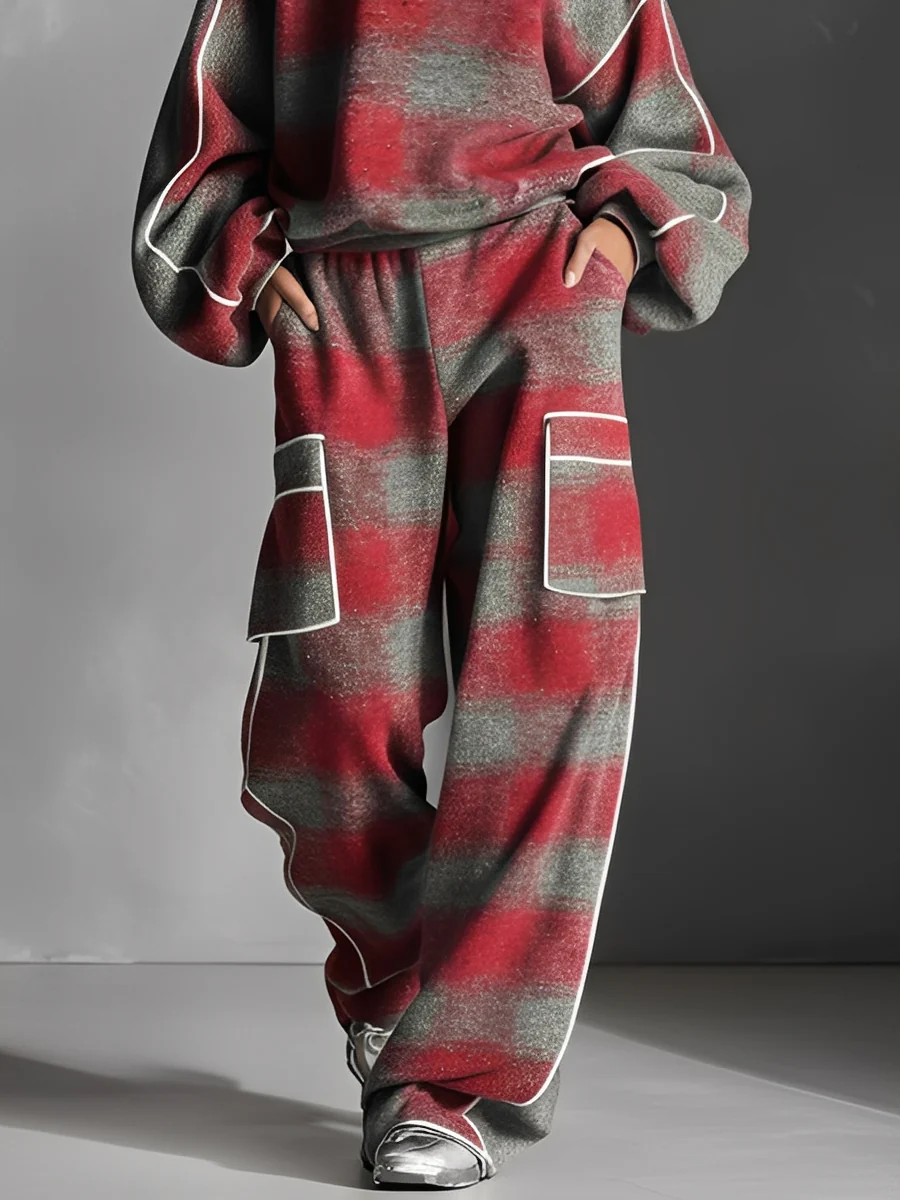 Cathy | Plaid Color-Blocked Sweatshirt and Casual Pants Two-Piece Set