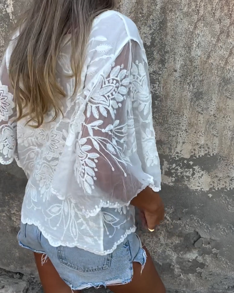 Amanda | Elegant Sheer Floral Lace Blouse