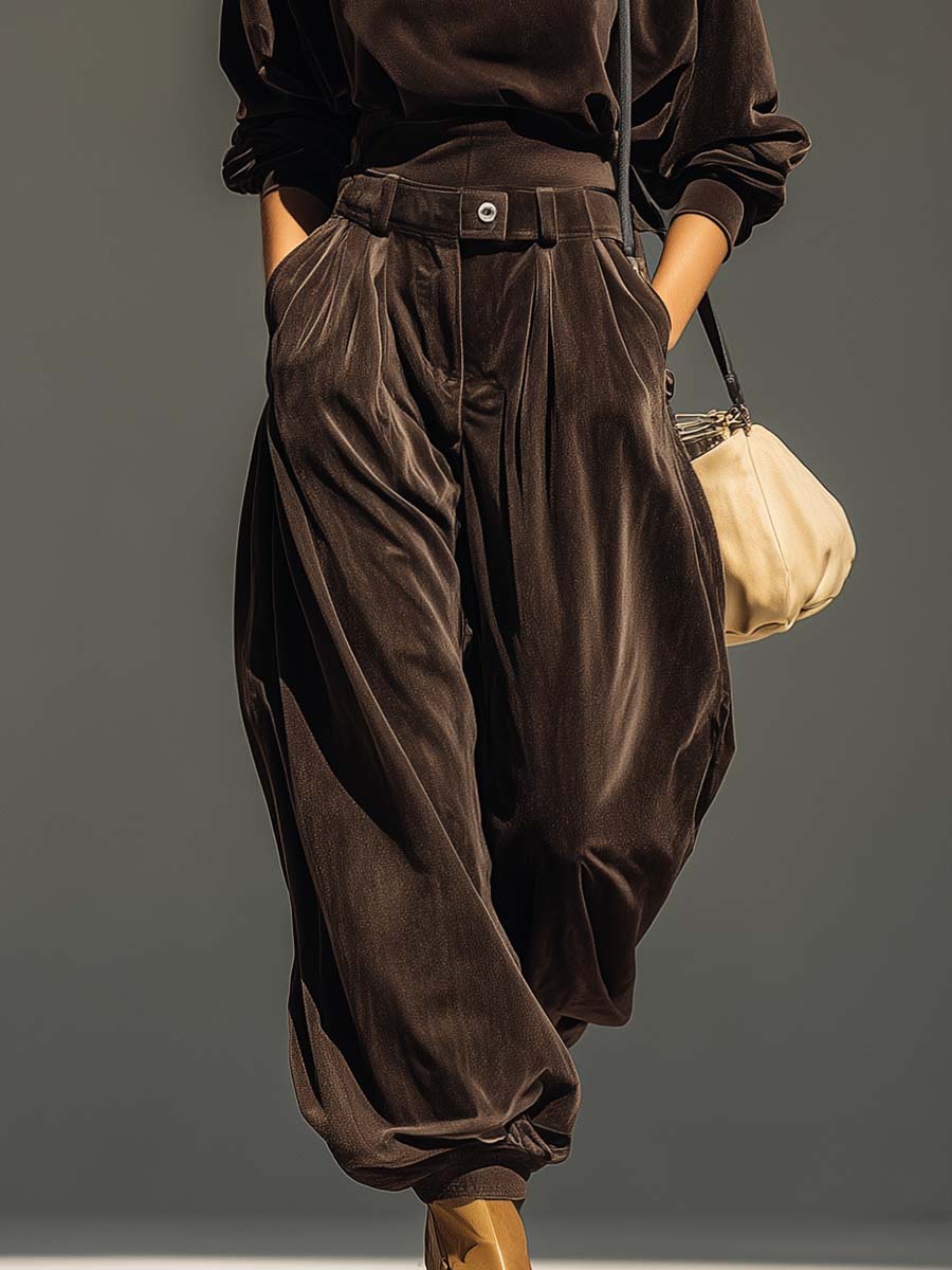 Ella | Vintage Velvet Hoodie and Loose-Fitting Trousers Set (Includes Belt）