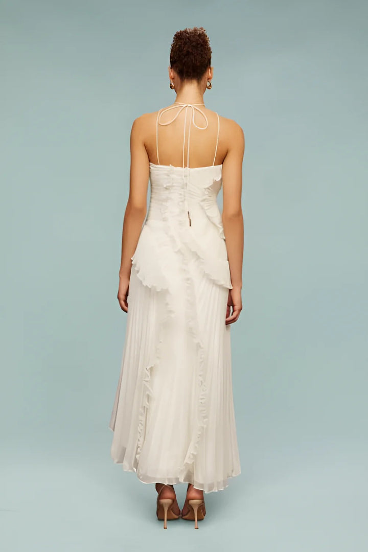 Amanda | Pleated Asymmetrical Halter Maxi Dress