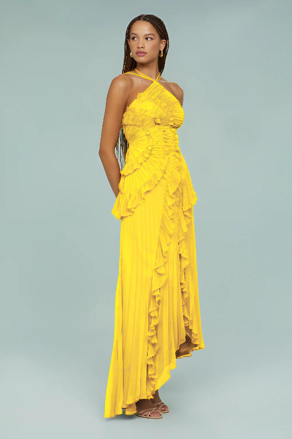 Amanda | Pleated Asymmetrical Halter Maxi Dress