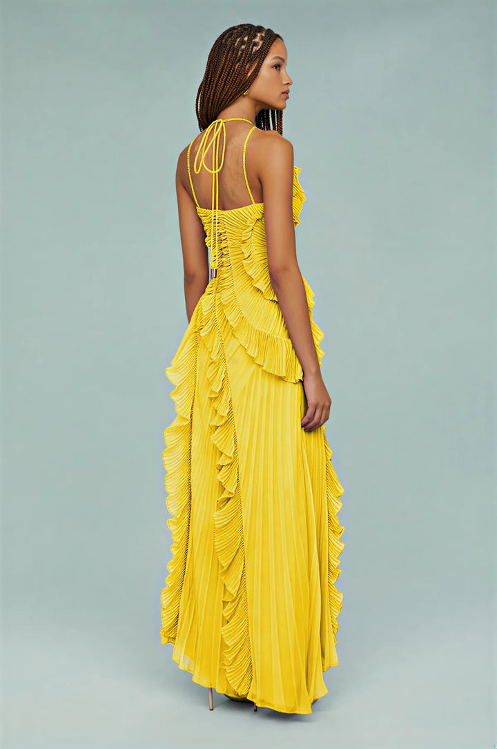 Amanda | Pleated Asymmetrical Halter Maxi Dress