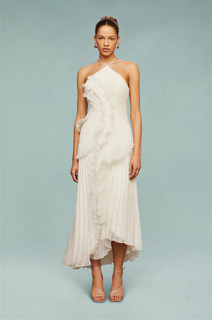 Amanda | Pleated Asymmetrical Halter Maxi Dress