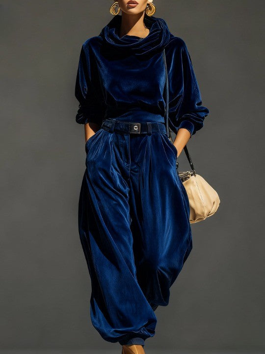 Ella | Vintage Velvet Hoodie and Loose-Fitting Trousers Set (Includes Belt）