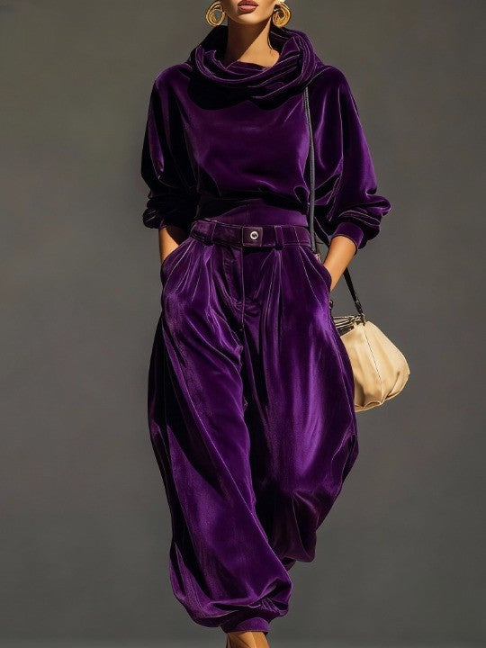 Ella | Vintage Velvet Hoodie and Loose-Fitting Trousers Set (Includes Belt）